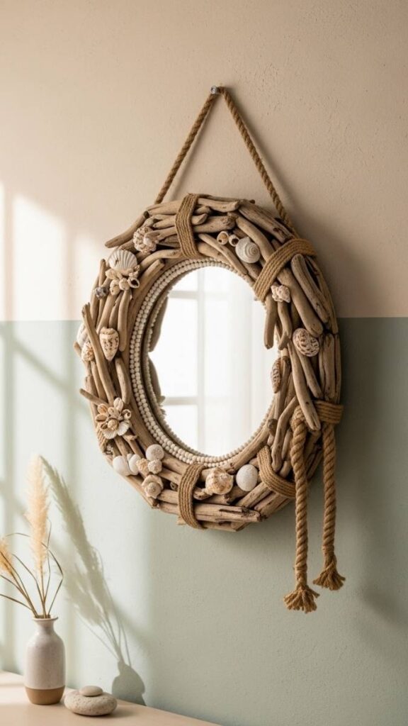 Driftwood Mirror With Shell and Rope Detailing