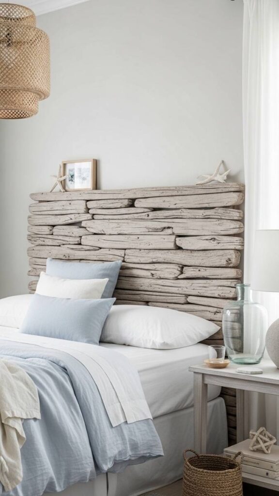 Driftwood or Bleached Wood Headboard in a Small Coastal Bedroom