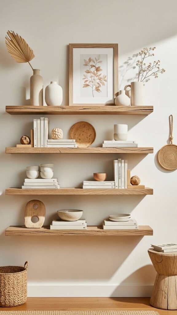 Driftwood-Style Floating Shelves With Curated Objects