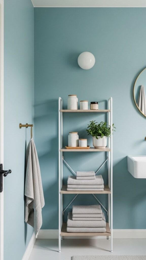Duck Egg Blue Bathroom with Freestanding Shelving Unit