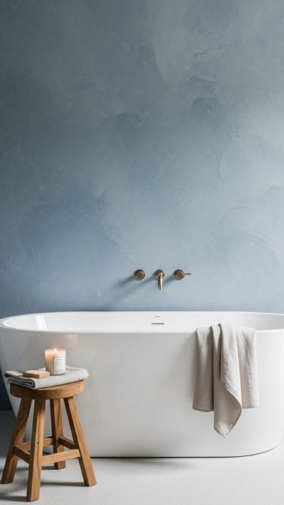 Dusty Blue Limewash Wall with White Freestanding Tub