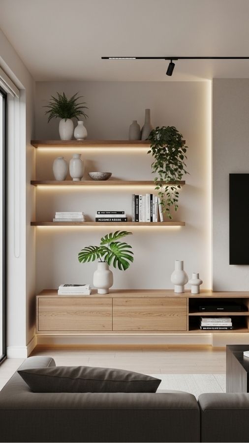 Floating Media Wall with Built In Shelf Display