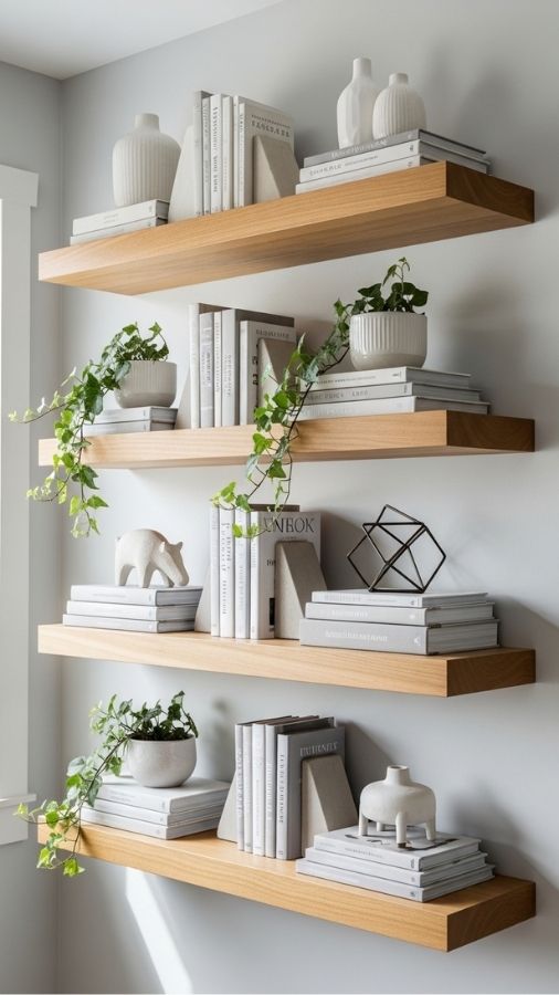 Floating Shelves with a Mix of Books, Plants, and Objects