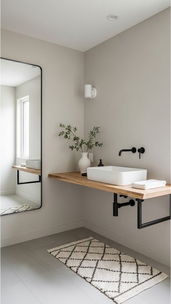 Floating Vanity with Legs Visible, Paired with a Woven Mat