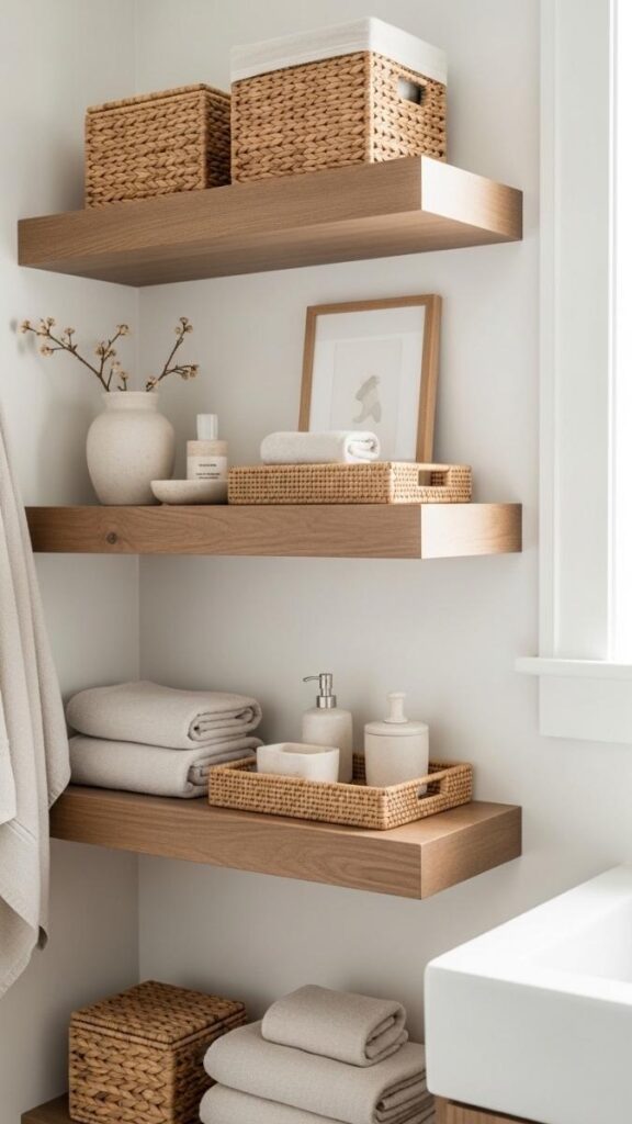 Floating Wood Shelves in a Bathroom With Woven Accessories