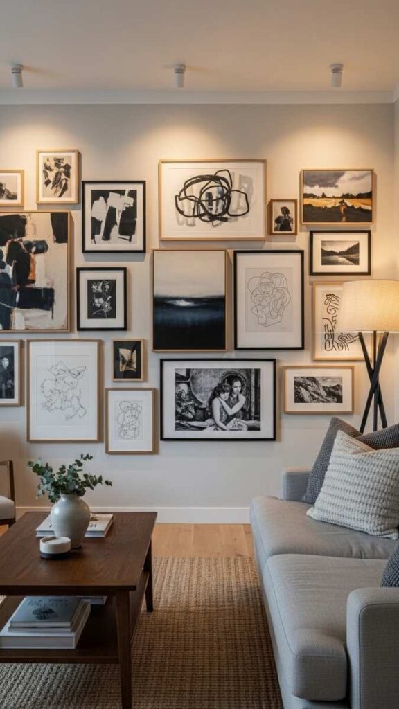Floor-to-Ceiling Gallery Wall With Varied Frame Sizes