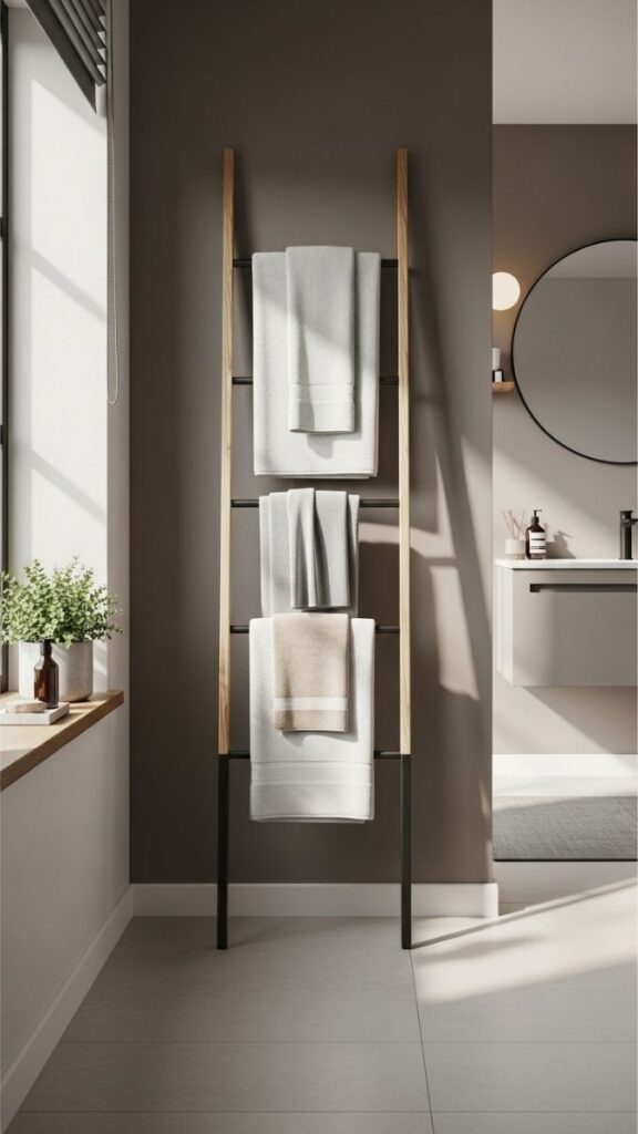 Freestanding Ladder Towel Rack in Natural Wood or Black Metal