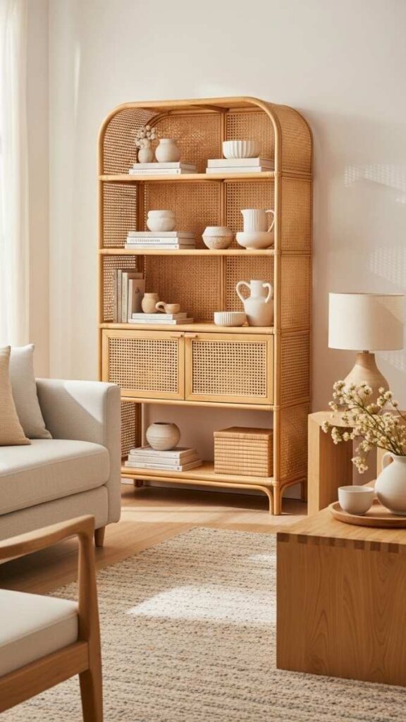 Freestanding Rattan Bookcase in the Living Room