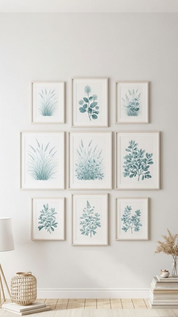 Gallery Wall of Coastal Botanical Prints in Matching Frames