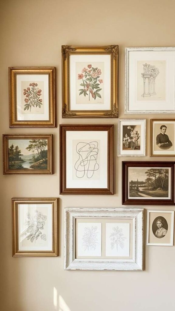 Gallery Wall With Vintage Frames in Mismatched Sizes