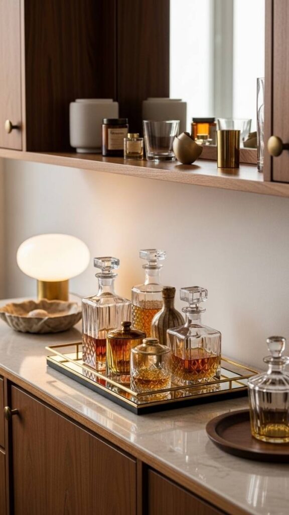 Glass Decanters and Vintage Barware on an Open Bar Tray