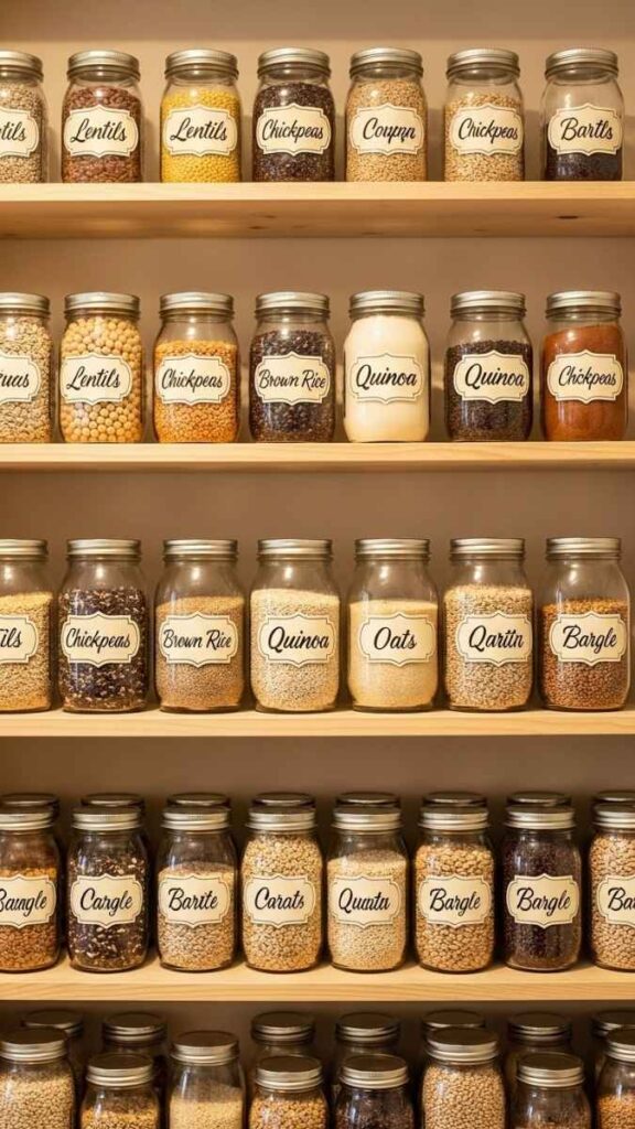 Glass Jar Storage for Dry Goods on Open Shelves