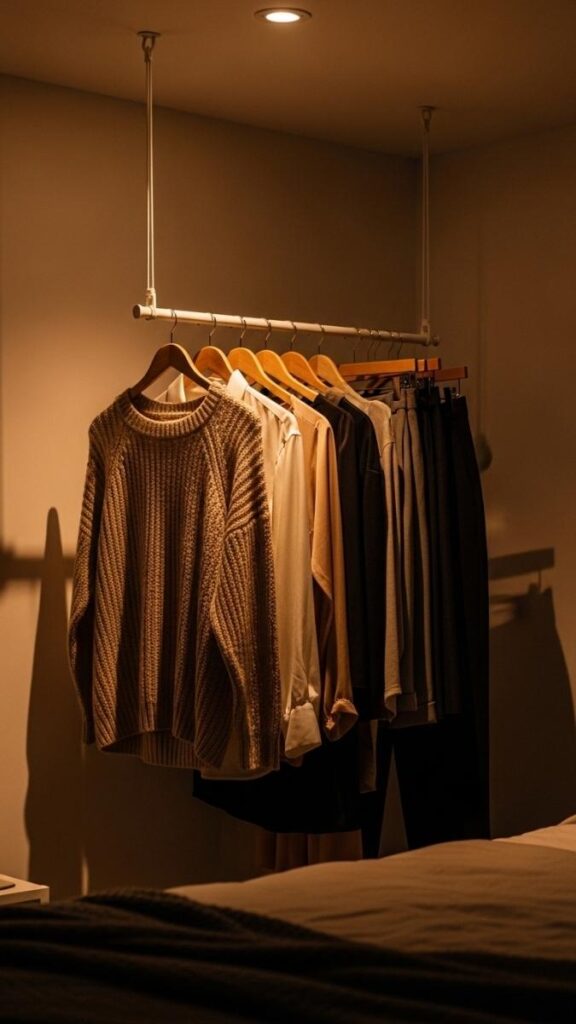 25 Closet Organization Ideas DIY That Actually Make Small Spaces Work Harder 10 Hang a Curtain Rod and Use It as a Garment Rack Alternative