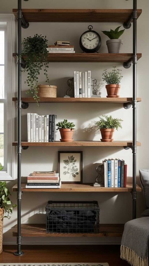 Industrial Pipe Shelving with Reclaimed Wood Planks