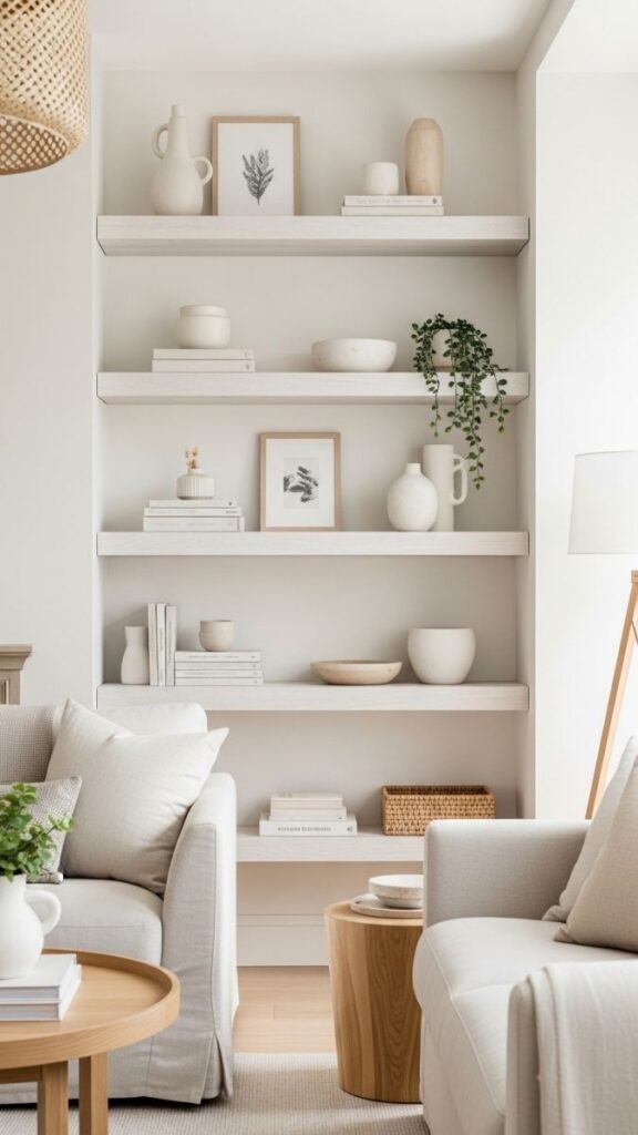 Install Floating Shelves in Whitewashed Wood for Storage That Feels Airy