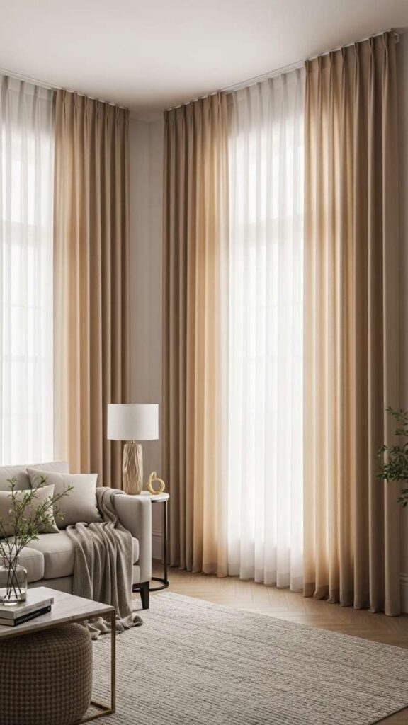 Install Warm-Toned Curtains That Run Floor to Ceiling for Visual Height