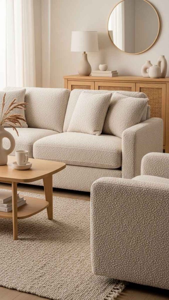 Introduce a Boucle or Textured Upholstery Piece as the Room's Anchor