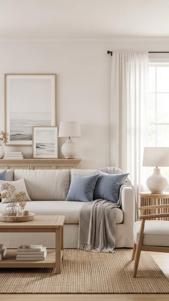 Cozy living room with blue accents.