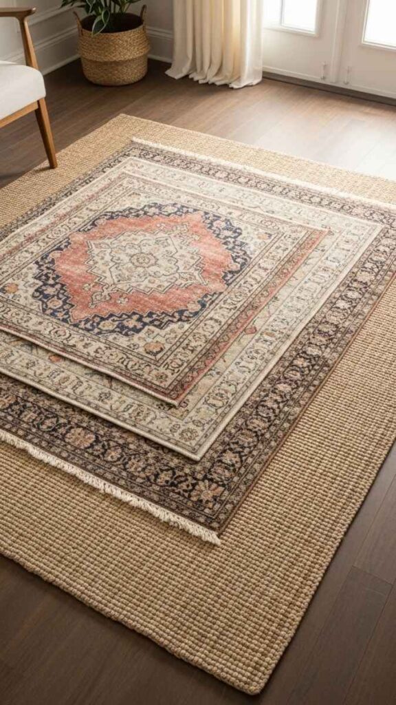 Layer Rugs to Cover Ugly Flooring Without Touching It