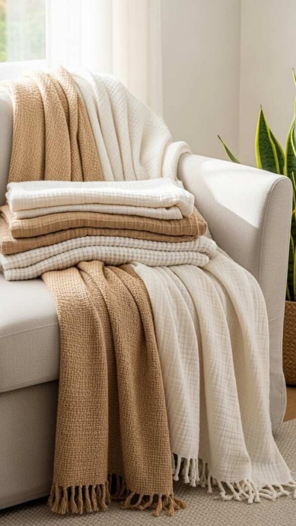 Layer Soft Woven Throws in Warm Neutrals Instead of Switching to Solid White