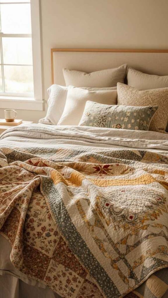Layered Bedding with Vintage Quilts and Linen Sheets