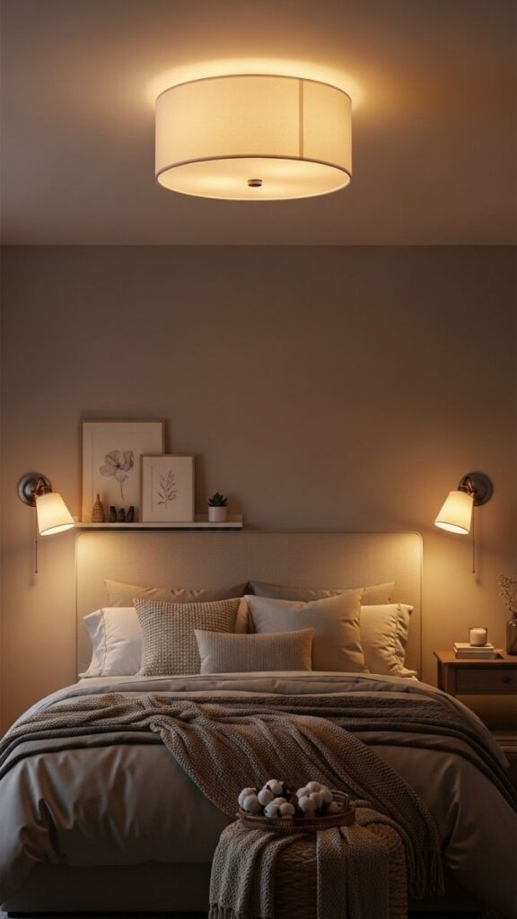 Layered Bedroom Lighting With a Drum Shade Overhead and Bedside Sconces