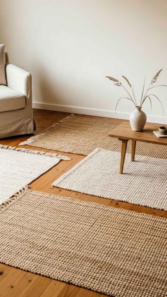 Layered Jute and Woven Rugs on Bare Wood Floors