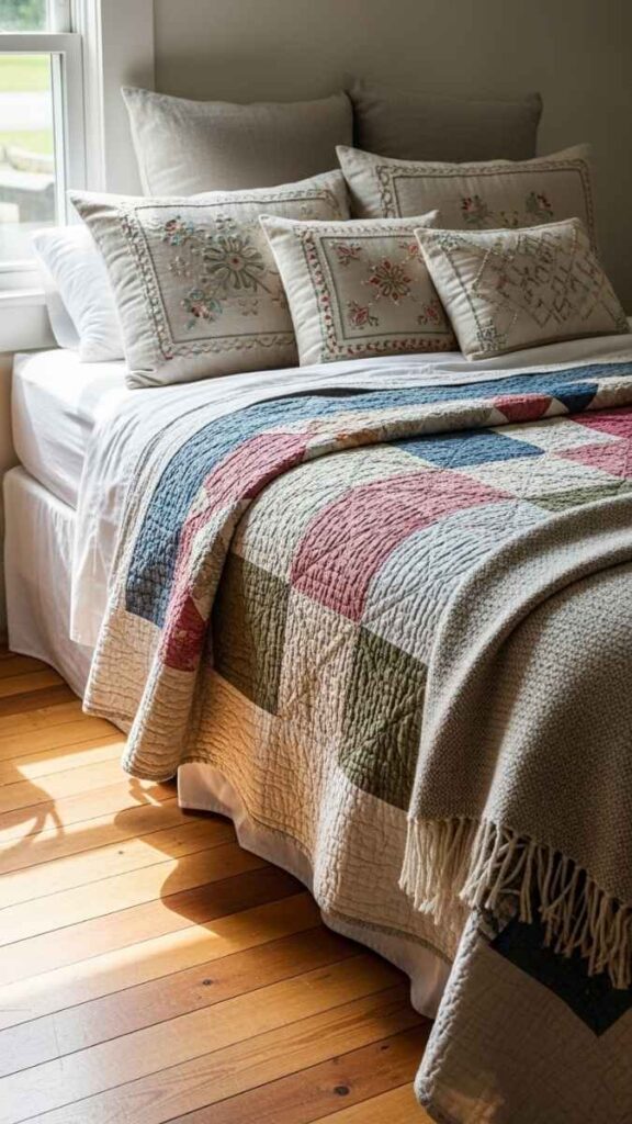Layered Vintage Textiles  Quilts, Embroidered Pillows, Woven Throws
