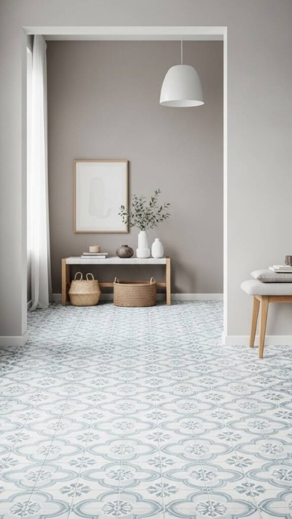 Light Blue and White Floral Tile Floor with Simple Walls