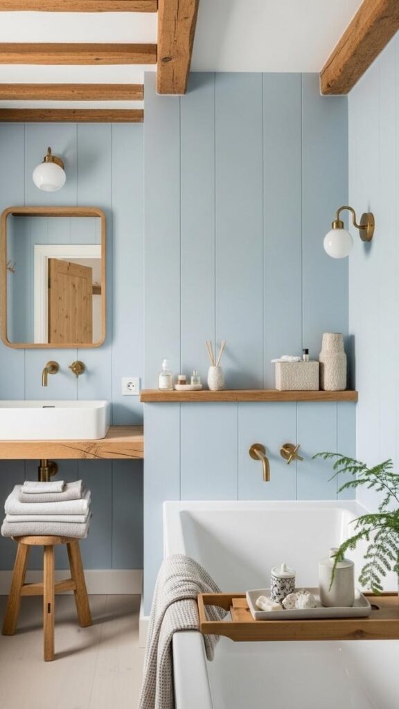 Light Blue Bathroom with Exposed Ceiling Beams and Wood Accents