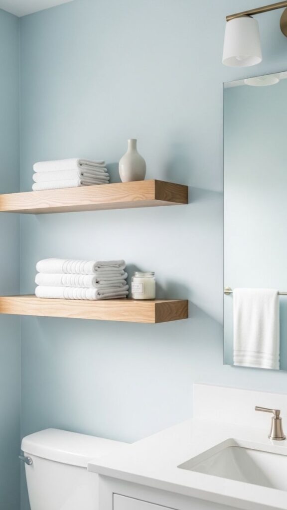 Light Blue Bathroom with Floating Shelves and Minimal Decor