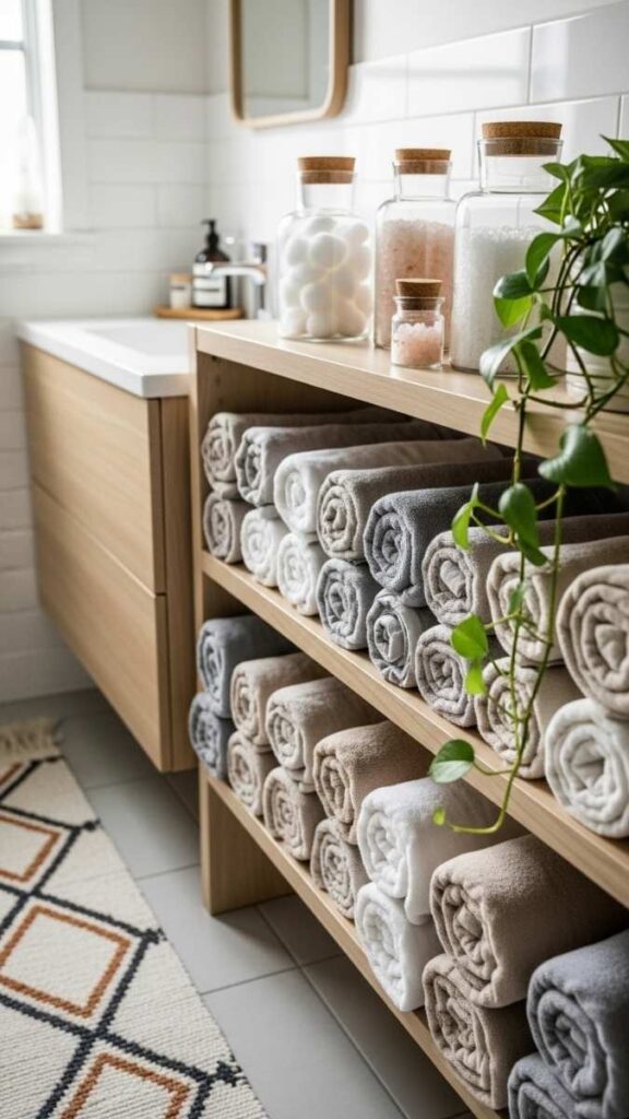 Line Your Shelves With Rolled Towels and Apothecary Jars