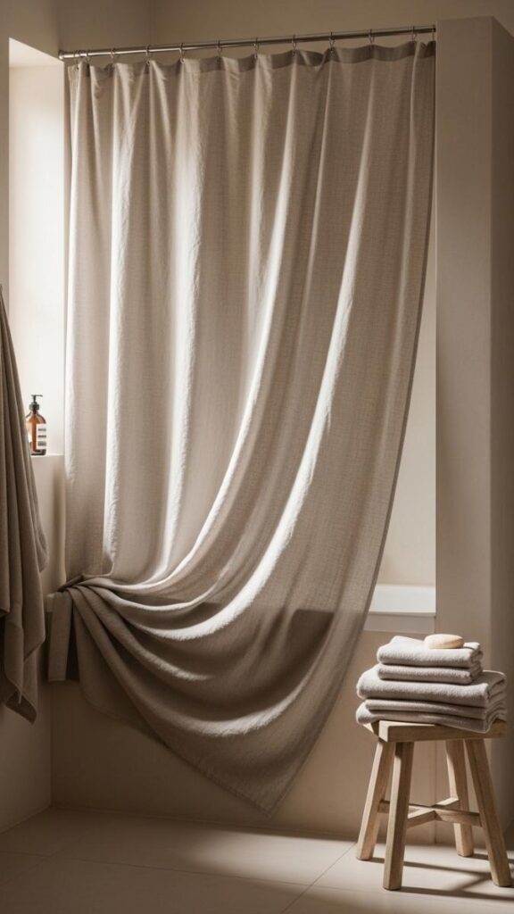 Linen Curtain as a Shower Curtain in Neutral Tones