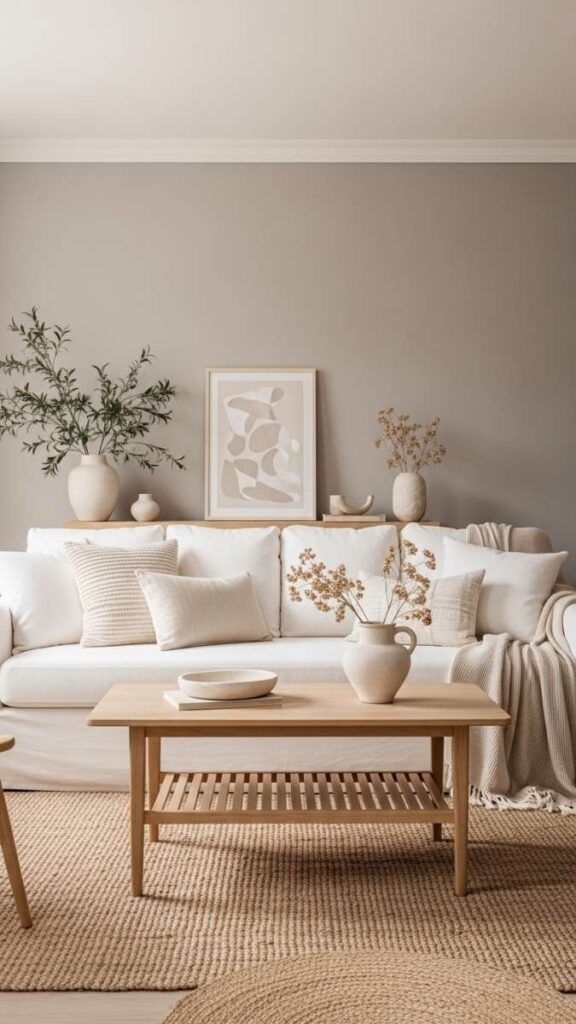Linen Sofa in Warm White Against a Greige Wall