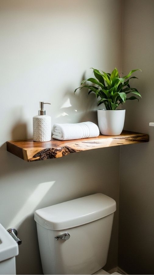 Live Edge Wood Floating Shelf Above the Toilet