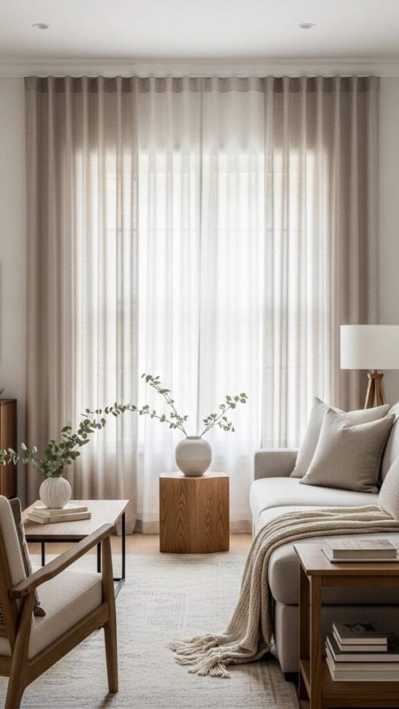Living Room With Curtains Hung Close to the Ceiling