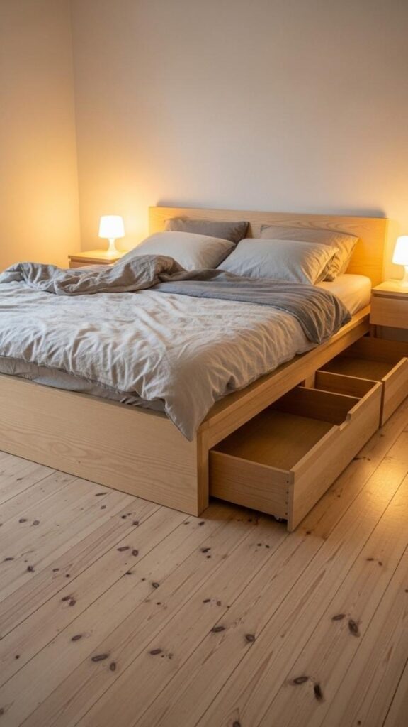 Low-Profile Bed Frame With Built-In Drawers
