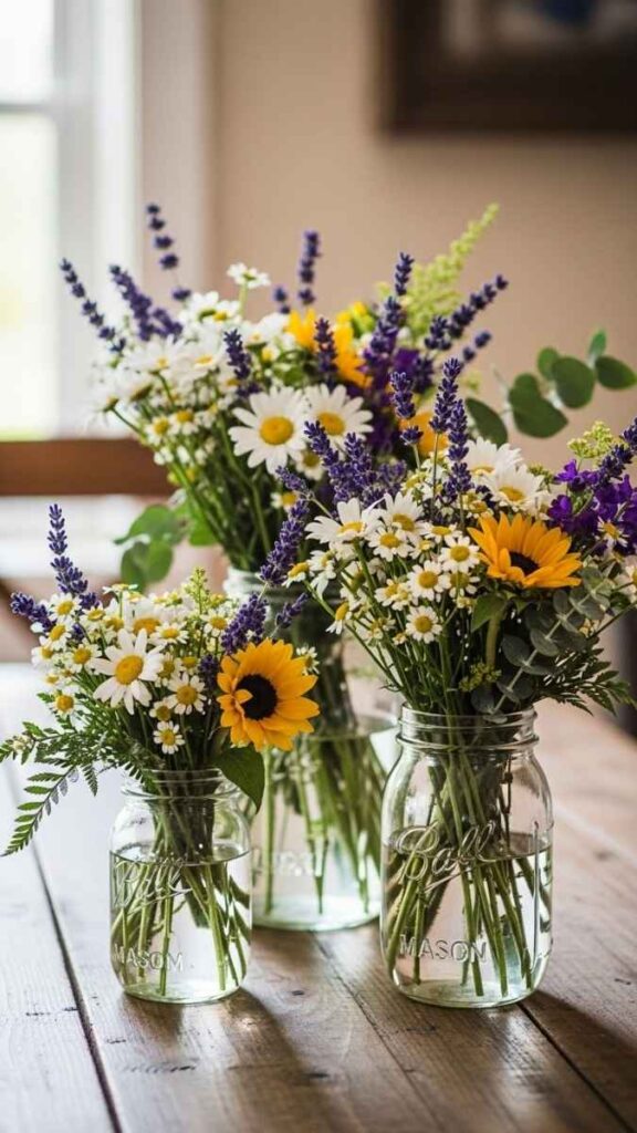 Mason Jar Centerpieces With Wildflower Bunches