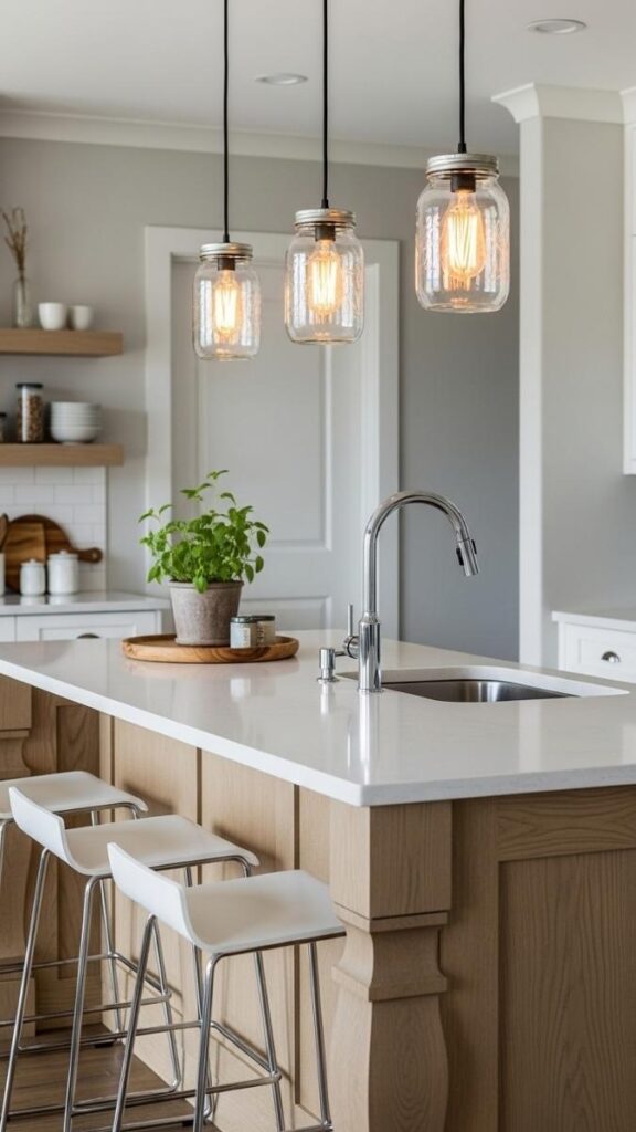 Mason Jar Lighting Over the Kitchen Island