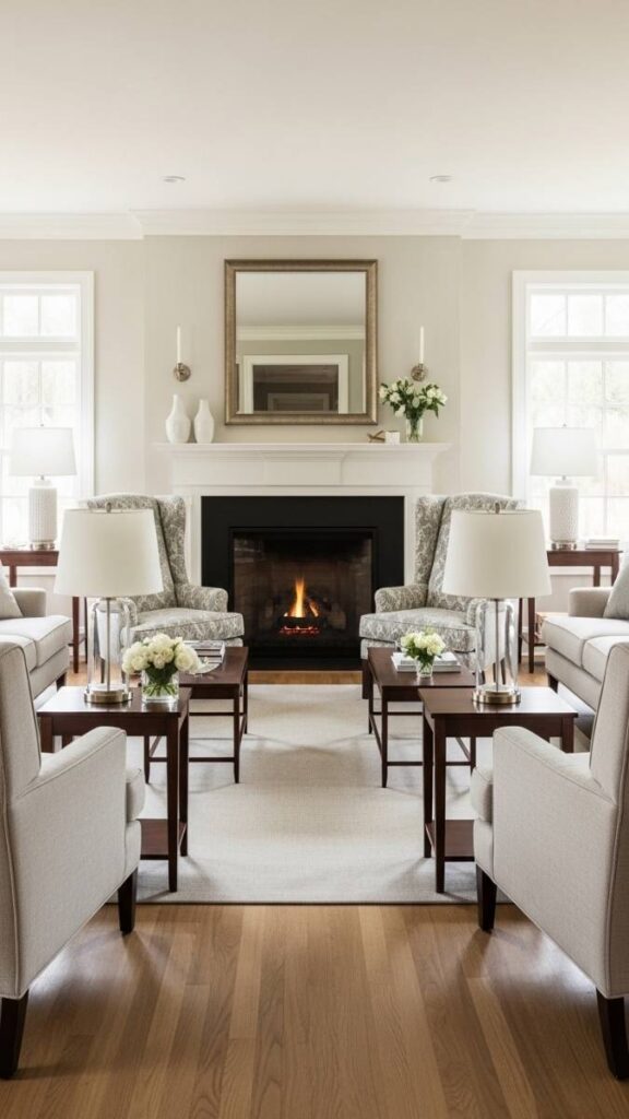 Mirror the Furniture on Either Side of a Fireplace for Symmetrical Balance