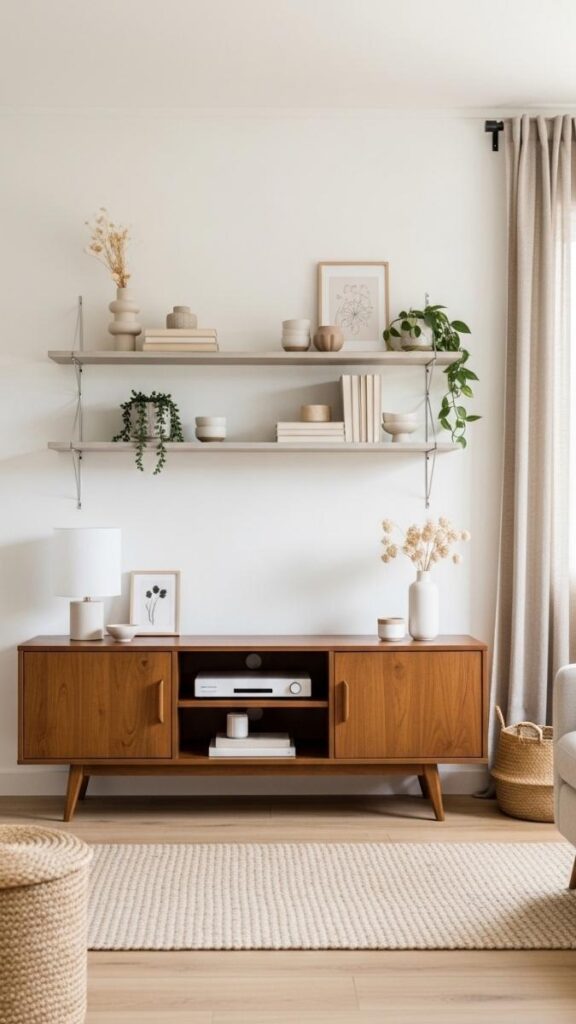 Mix a Mid Century Media Cabinet With Minimal Open Shelving Above