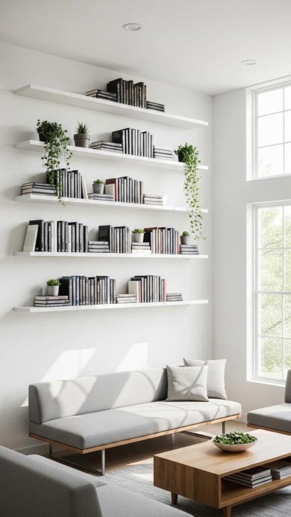 Mount Floating Shelves High and Use the Full Wall Height