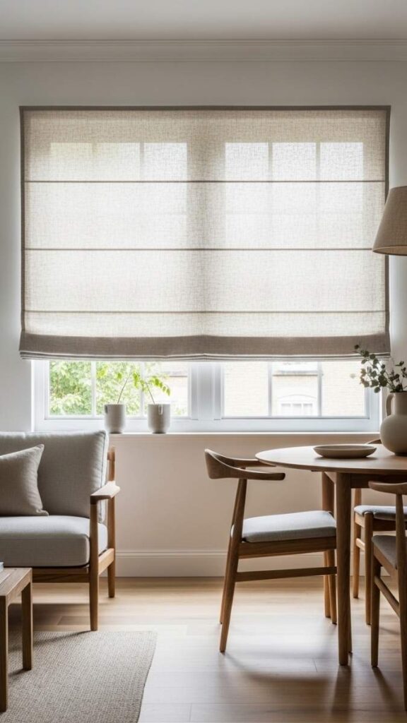Natural Linen Roman Shades Instead of Heavy Drapes