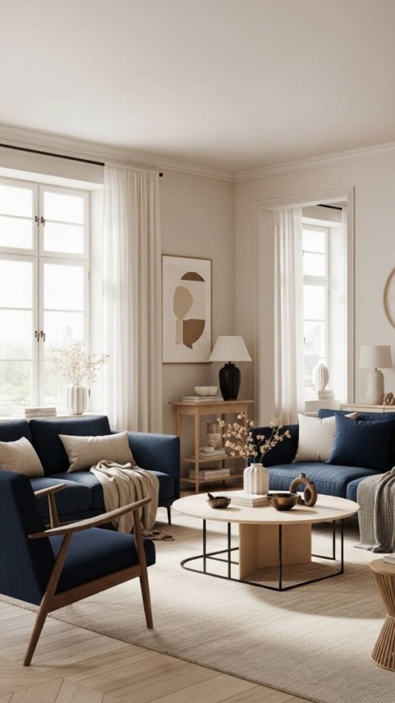Navy and Warm Cream in a Living Room With Natural Light