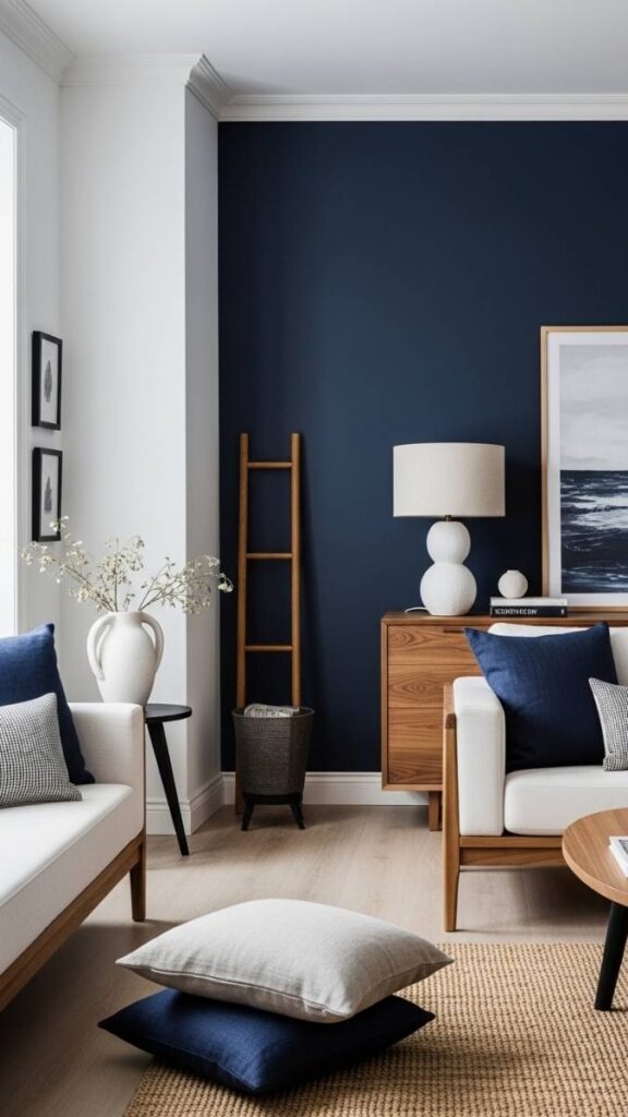 Navy Blue with White and Natural Wood for a Layered Look