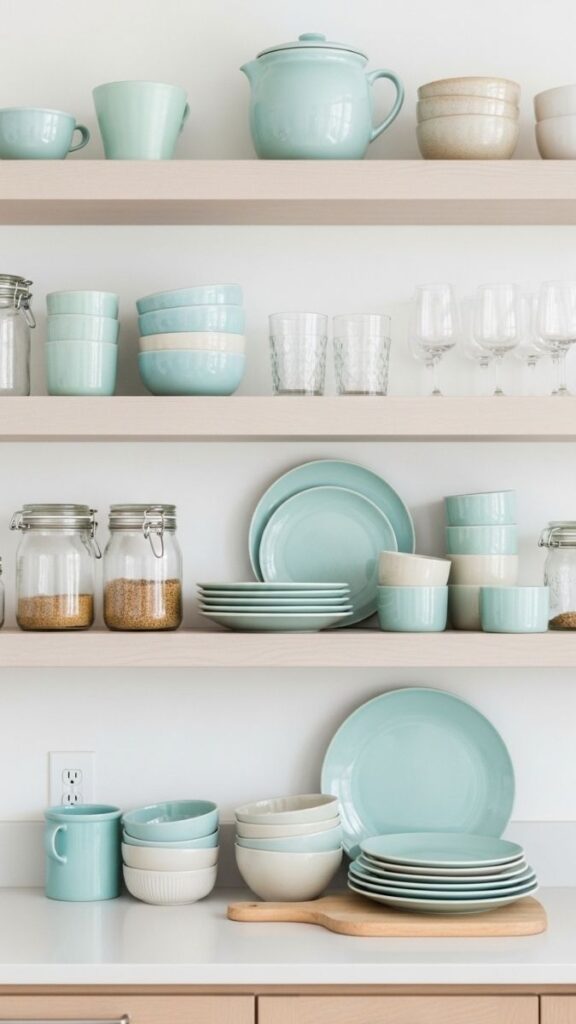 Open Kitchen Shelving With Coastal Toned Ceramics and Glassware