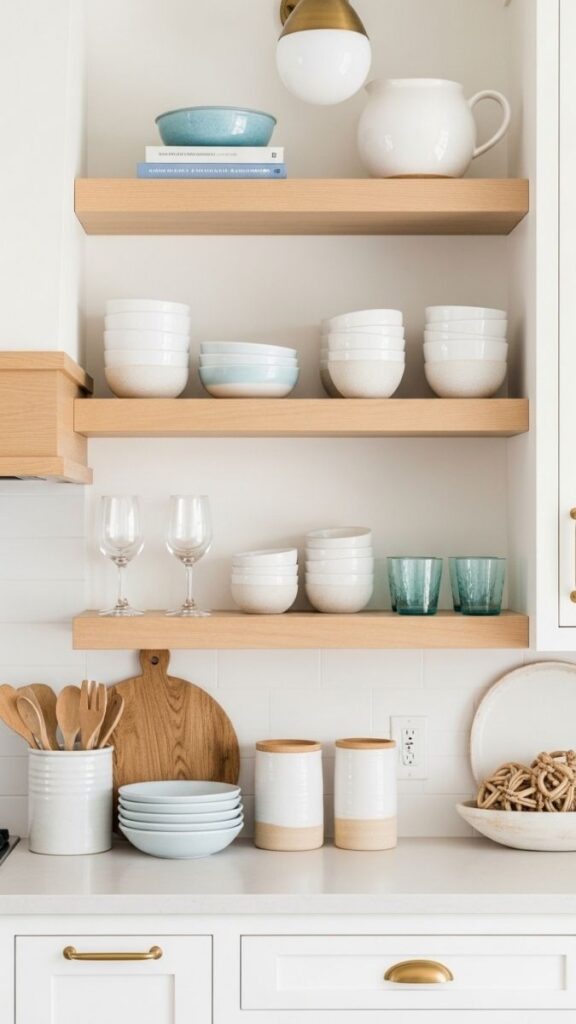 Open Shelving in the Kitchen with Coastal-Toned Ceramics