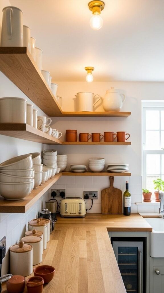 Open Shelving with Mismatched Ceramic and Stoneware