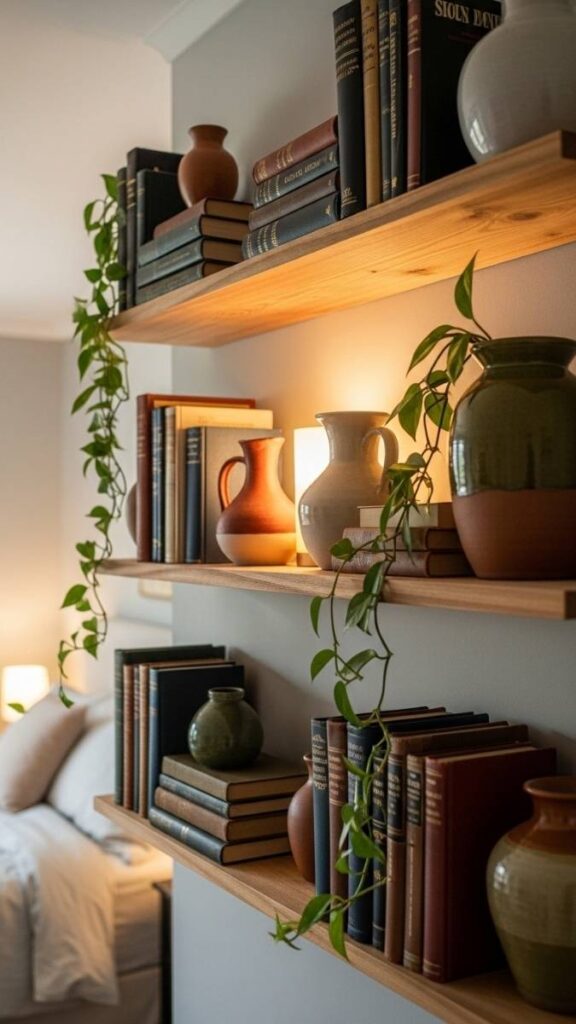Open Shelving With Vintage Books, Ceramics, and Plants