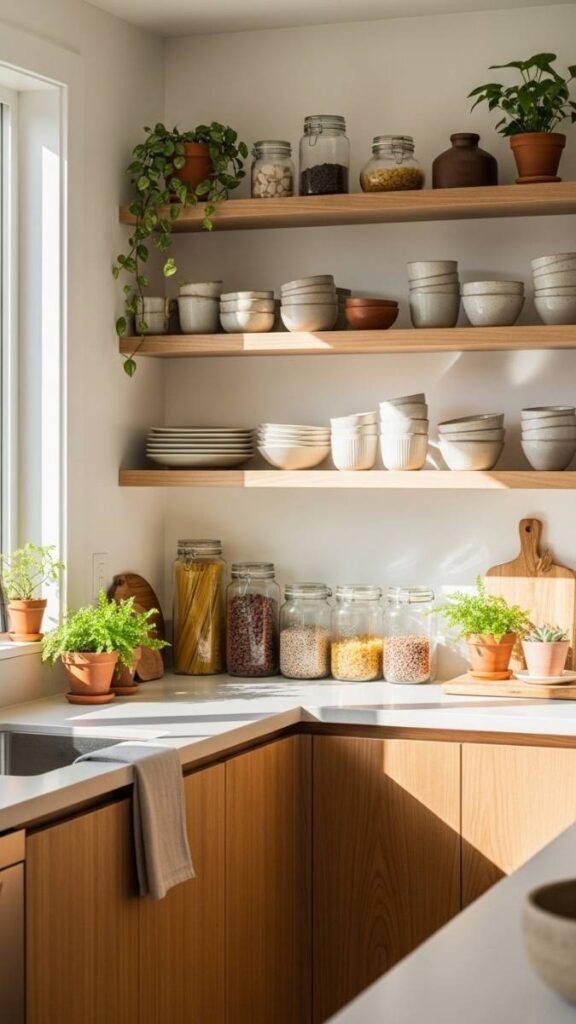 Open Wood Shelving Instead of Upper Cabinets